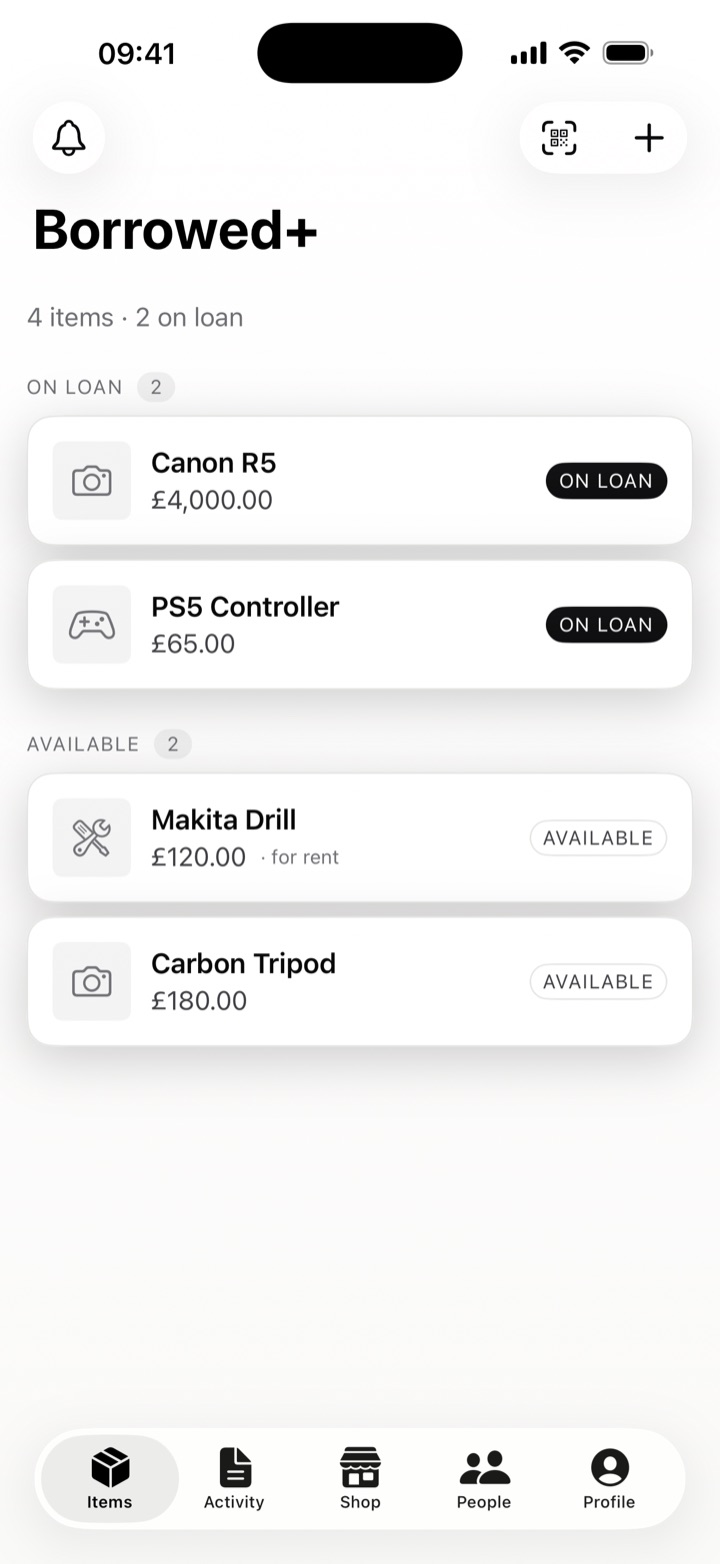 Your items, at a glance — Borrowed+ app screen